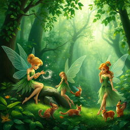 A vibrant green forest scene featuring three distinct fairies engaged in their daily activities
