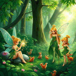 A vibrant green forest scene featuring three distinct fairies engaged in their daily activities