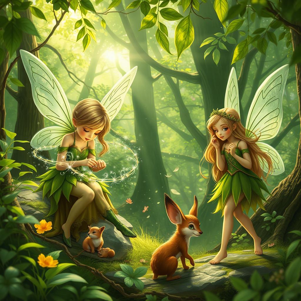 A vibrant green forest scene featuring three distinct fairies engaged in their daily activities