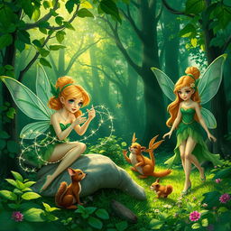 A vibrant green forest scene featuring three distinct fairies engaged in their daily activities