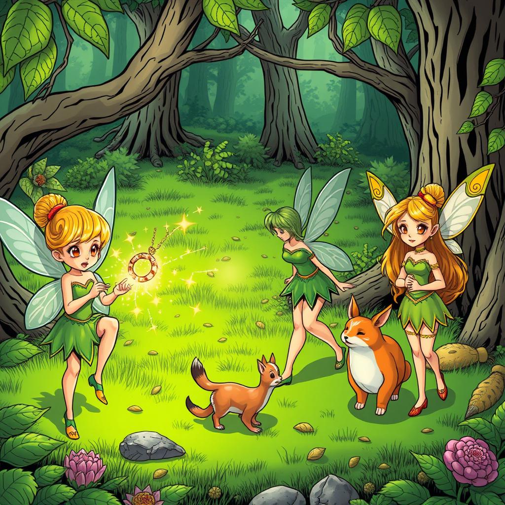 In a comic book style, a vibrant green forest scene showcases three unique fairies busy with their daily tasks