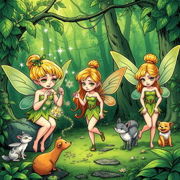 In a comic book style, a vibrant green forest scene showcases three unique fairies busy with their daily tasks