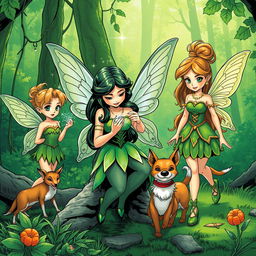 In a comic book style, a vibrant green forest scene showcases three unique fairies busy with their daily tasks
