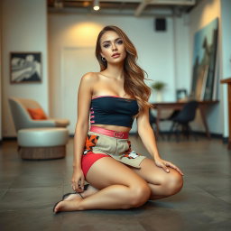 A woman sitting on the floor in a stylish tube skirt, her legs slightly spread, with an elegant and confident posture