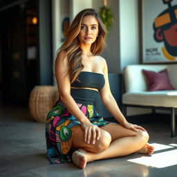 A woman sitting on the floor in a stylish tube skirt, her legs slightly spread, with an elegant and confident posture