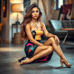 A woman sitting on the floor in a stylish tube skirt, her legs slightly spread, with an elegant and confident posture