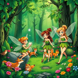 A vibrant green forest depicted in a comic book style, featuring three fairies engaged in their daily activities