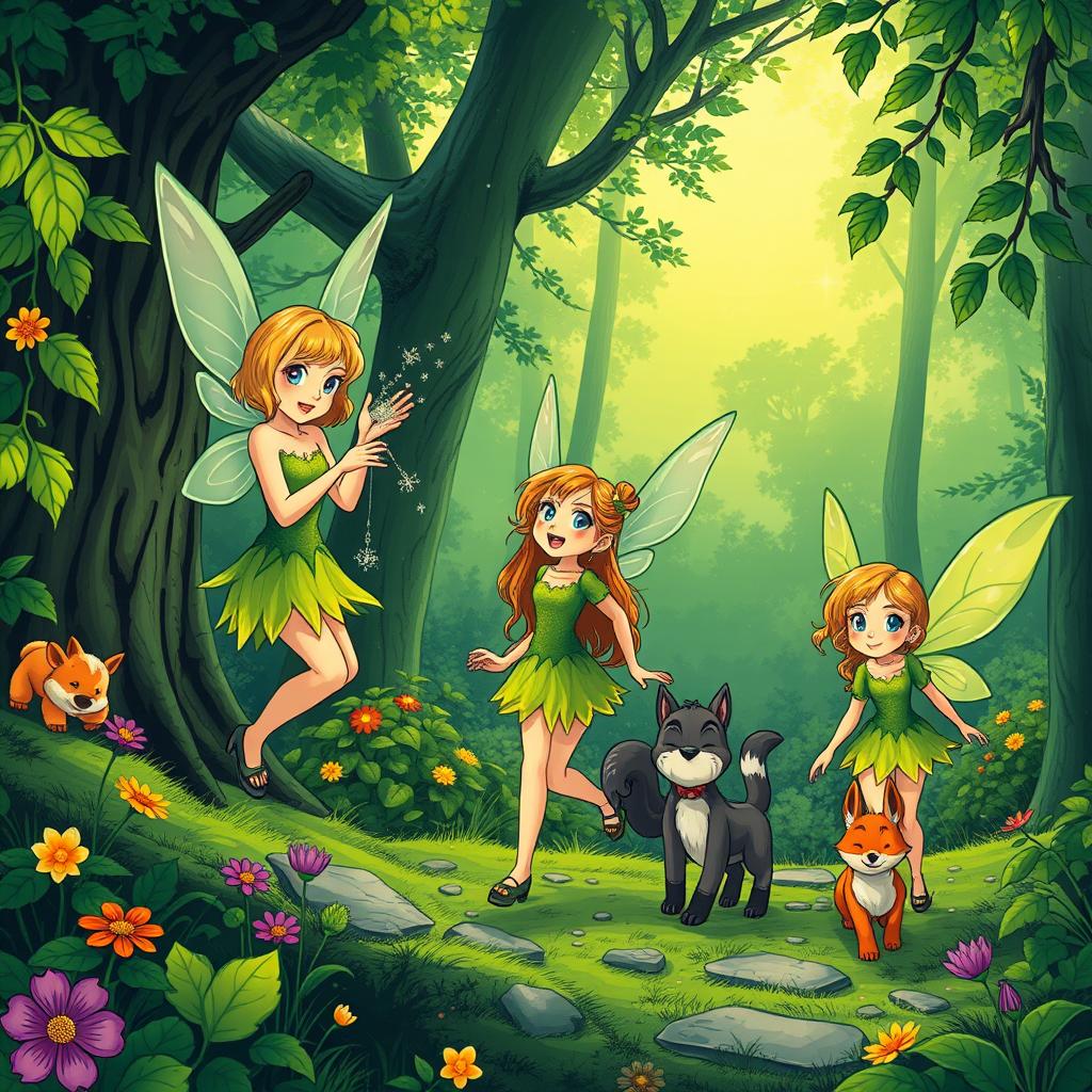 A vibrant green forest depicted in a comic book style, featuring three fairies engaged in their daily activities