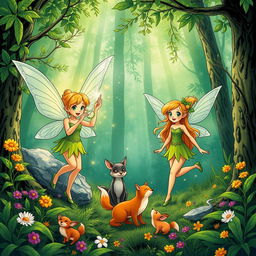 A vibrant green forest depicted in a comic book style, featuring three fairies engaged in their daily activities