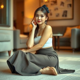 A woman sitting on the floor wearing a fashionable tube skirt, showcasing a trendy and modern style
