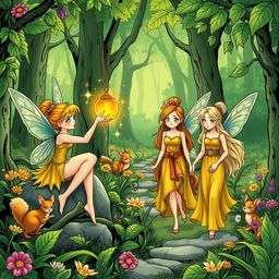 A vibrant green forest illustrated in a comic book style, featuring three distinct fairies engaged in their daily activities