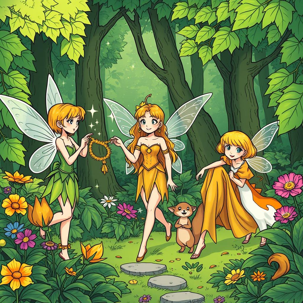 A vibrant green forest illustrated in a comic book style, featuring three distinct fairies engaged in their daily activities