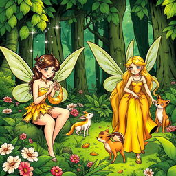 A vibrant green forest illustrated in a comic book style, featuring three distinct fairies engaged in their daily activities