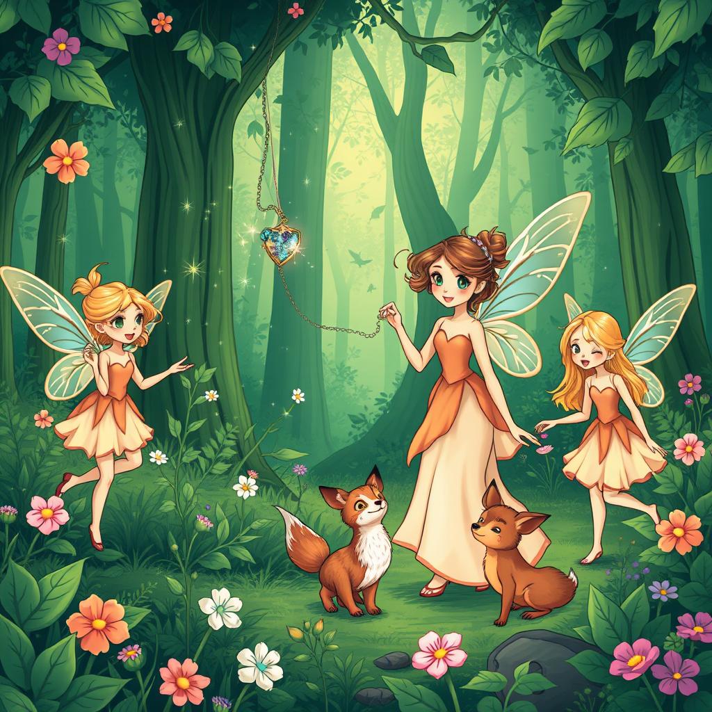 A vibrant green forest illustrated in a comic book style, showcasing several fairies engaged in their daily activities