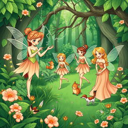 A vibrant green forest illustrated in a comic book style, showcasing several fairies engaged in their daily activities