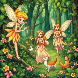 A vibrant green forest illustrated in a comic book style, showcasing several fairies engaged in their daily activities