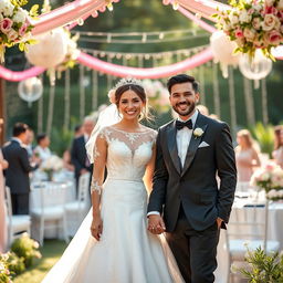 A joyful couple in a beautiful wedding festival setting