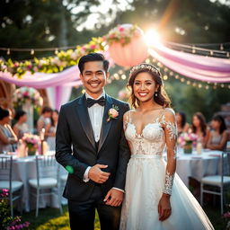 A joyful couple in a beautiful wedding festival setting