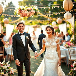 A joyful couple in a beautiful wedding festival setting