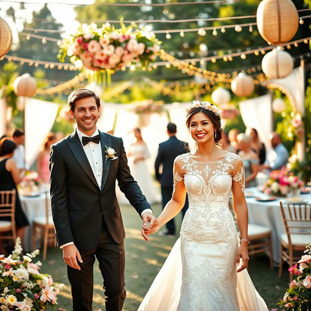 A joyful couple in a beautiful wedding festival setting