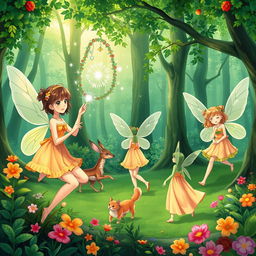 A lush green forest illustrated in an anime style, featuring several fairies engaged in their daily tasks