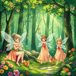 A lush green forest illustrated in an anime style, featuring several fairies engaged in their daily tasks