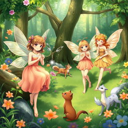 A lush green forest illustrated in an anime style, featuring several fairies engaged in their daily tasks