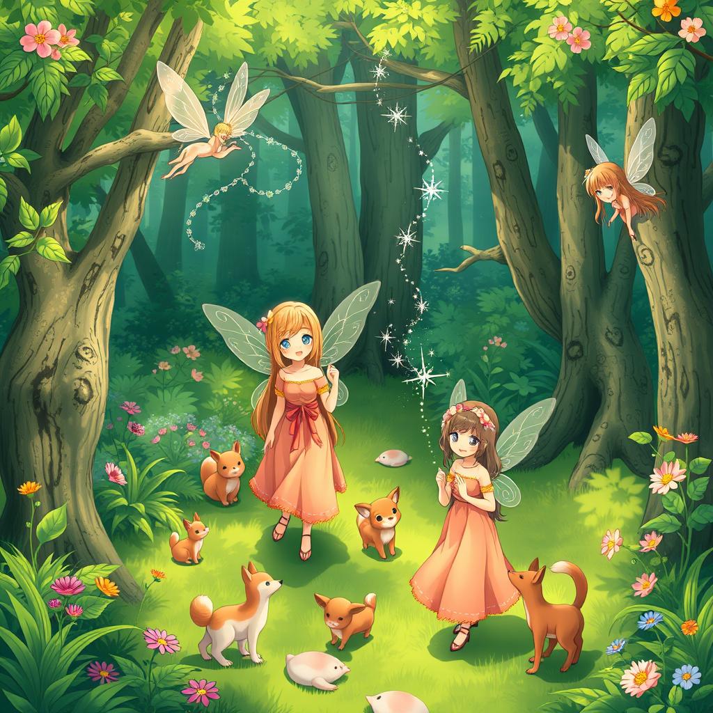 A lush green forest illustrated in an anime style, featuring several fairies engaged in their daily tasks