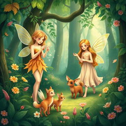 A lush green forest illustrated in a fantasy art style, featuring several fairies engaged in their daily tasks