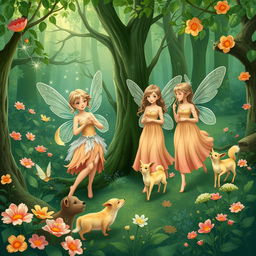 A lush green forest illustrated in a fantasy art style, featuring several fairies engaged in their daily tasks