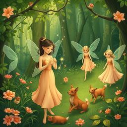 A lush green forest illustrated in a fantasy art style, featuring several fairies engaged in their daily tasks