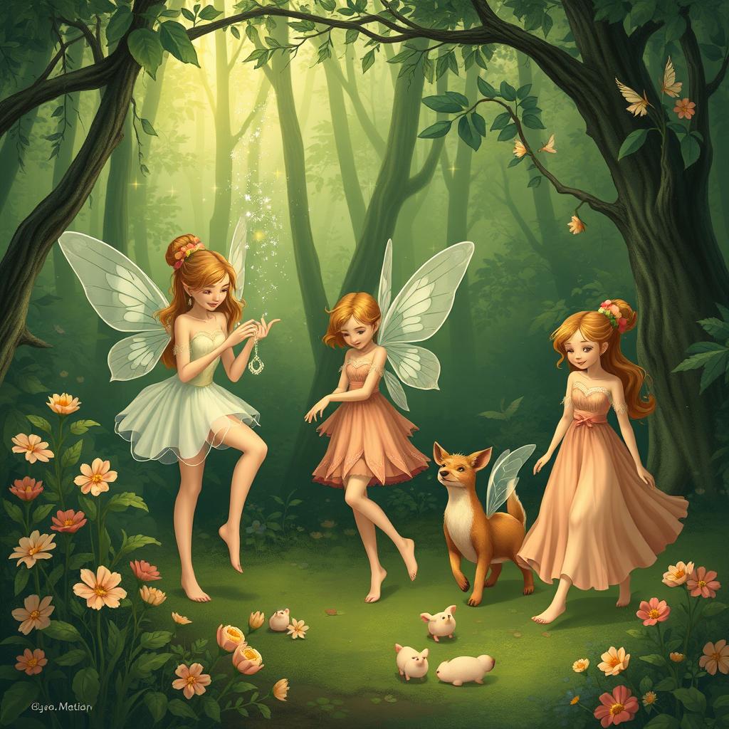 A lush green forest illustrated in a fantasy art style, featuring several fairies engaged in their daily tasks
