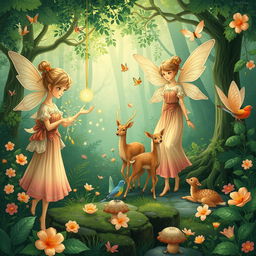 A lush green forest illustrated in a fantasy art style, featuring several fairies engaged in their daily activities