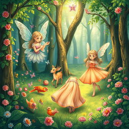 A lush green forest illustrated in a fantasy art style, featuring several fairies engaged in their daily activities