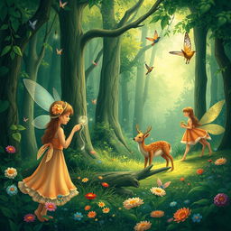 A lush green forest illustrated in a fantasy art style, featuring several fairies engaged in their daily activities