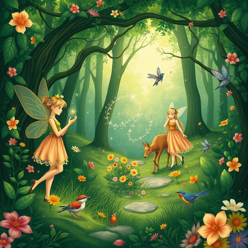 A lush green forest illustrated in a fantasy art style, featuring several fairies engaged in their daily activities