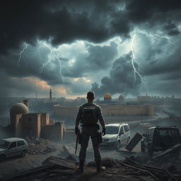 A dramatic depiction of an apocalyptic scene set in Israel, showcasing a desolate cityscape with crumbling buildings and signs of chaos, including abandoned vehicles and scattered debris