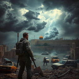 A dramatic depiction of an apocalyptic scene set in Israel, showcasing a desolate cityscape with crumbling buildings and signs of chaos, including abandoned vehicles and scattered debris