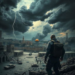 A dramatic depiction of an apocalyptic scene set in Israel, showcasing a desolate cityscape with crumbling buildings and signs of chaos, including abandoned vehicles and scattered debris