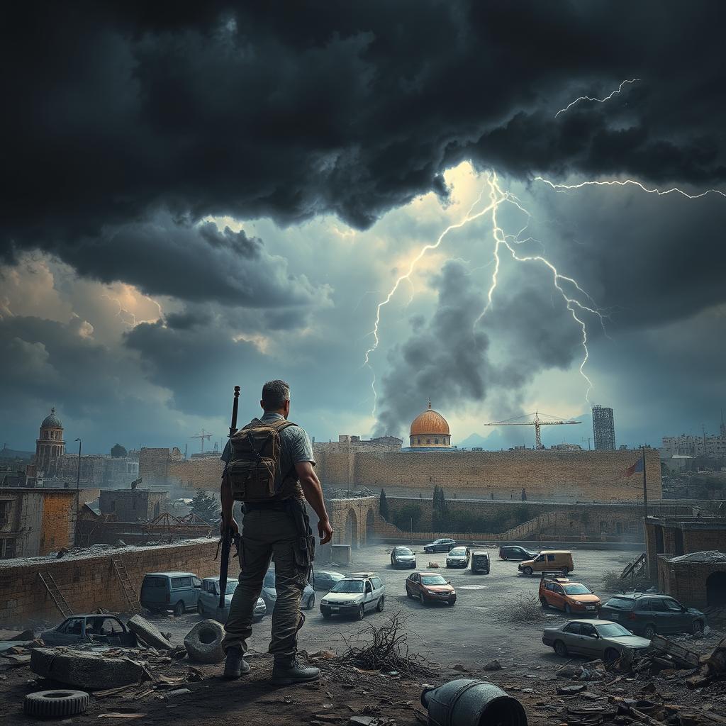 A dramatic depiction of an apocalyptic scene set in Israel, showcasing a desolate cityscape with crumbling buildings and signs of chaos, including abandoned vehicles and scattered debris