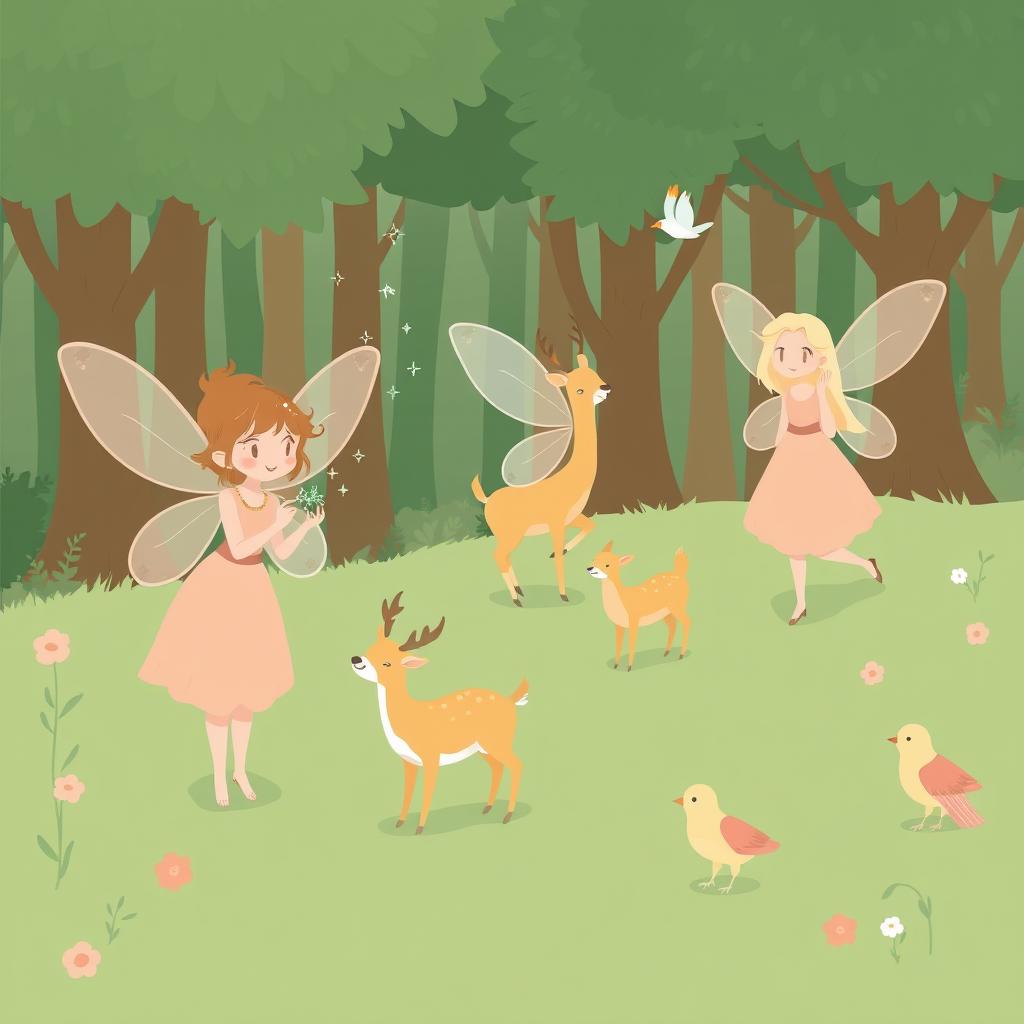 A simple and minimalist comic style illustration of a lush green forest, featuring several fairies engaged in their daily activities