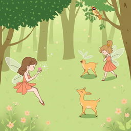 A simple and minimalist comic style illustration of a lush green forest, featuring several fairies engaged in their daily activities