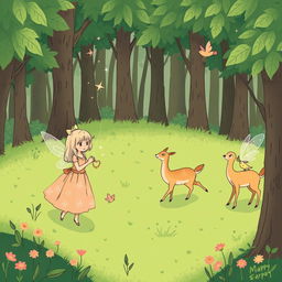 A simple and minimalist comic style illustration of a lush green forest, featuring several fairies engaged in their daily activities