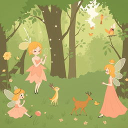 A simple and minimalist comic style illustration of a lush green forest, featuring several fairies engaged in their daily activities