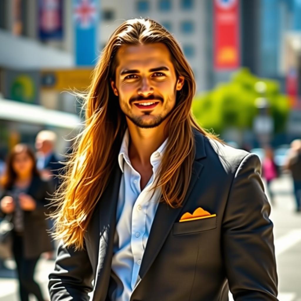 A stylish gentleman with long flowing hair, confidently standing against an urban backdrop