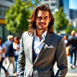 A stylish gentleman with long flowing hair, confidently standing against an urban backdrop