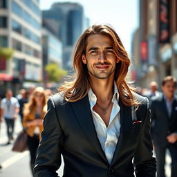 A stylish gentleman with long flowing hair, confidently standing against an urban backdrop