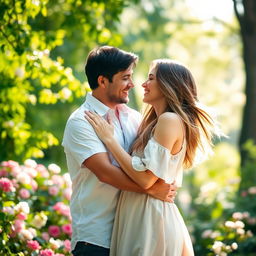 A man gently embracing a woman in a warm, intimate moment, both smiling at each other while standing in a sunlit park filled with blooming flowers