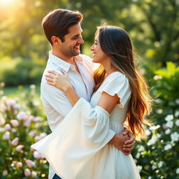 A man gently embracing a woman in a warm, intimate moment, both smiling at each other while standing in a sunlit park filled with blooming flowers