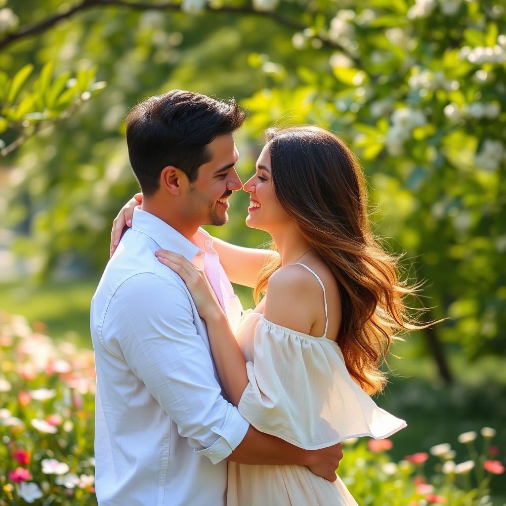 A man gently embracing a woman in a warm, intimate moment, both smiling at each other while standing in a sunlit park filled with blooming flowers
